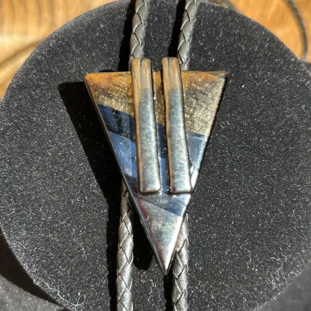 Katya Bolo Tie Handcrafted Artist Katya Abstract Metallic Triangle Blue Black